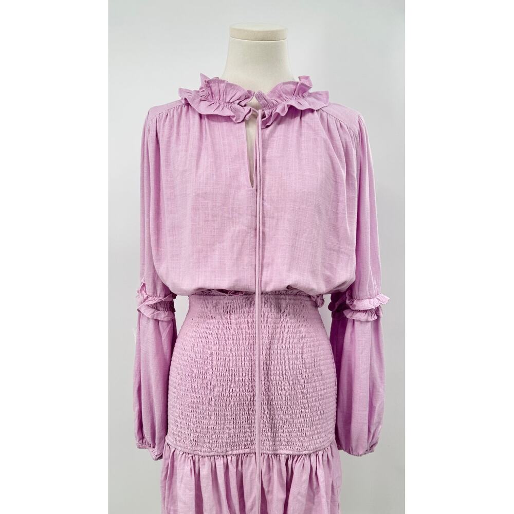 Elliatt Lavender Linen Bodycon Smocked Mini Dress Tassel Ruffle Pink Large